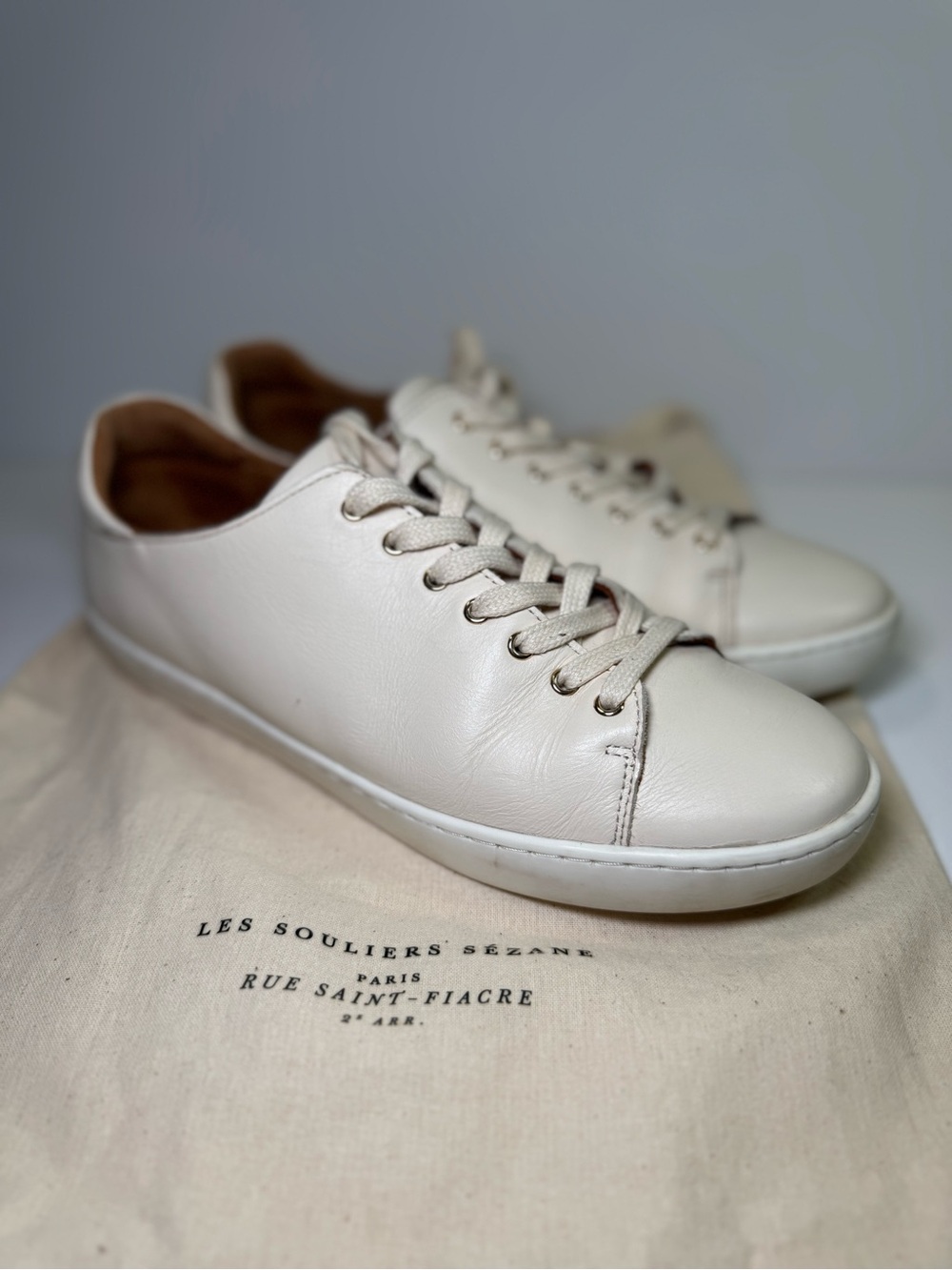 Sezane Jack Trainers Ecru/Cream Leather Low-Top Sneakers